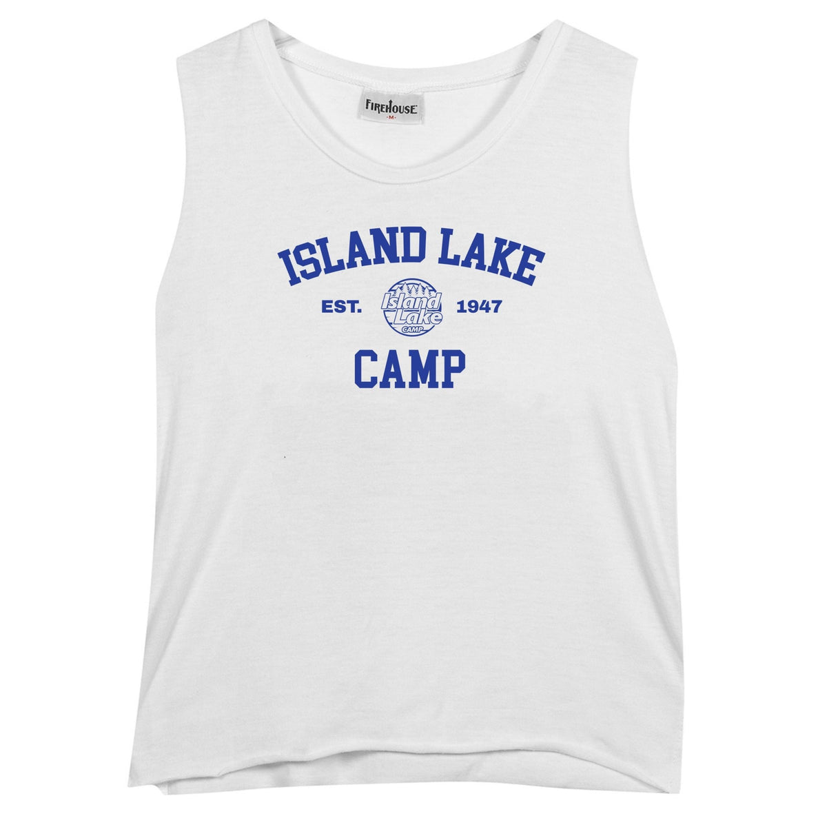 White sleeveless tank top with blue Island Lake Camp text and logo graphic