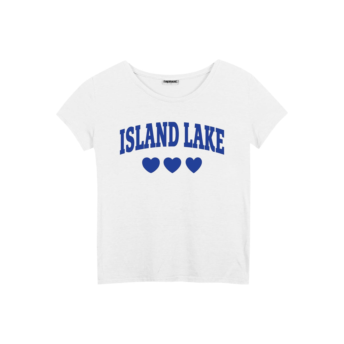 White short sleeve t-shirt with blue Island Lake text and three heart icons