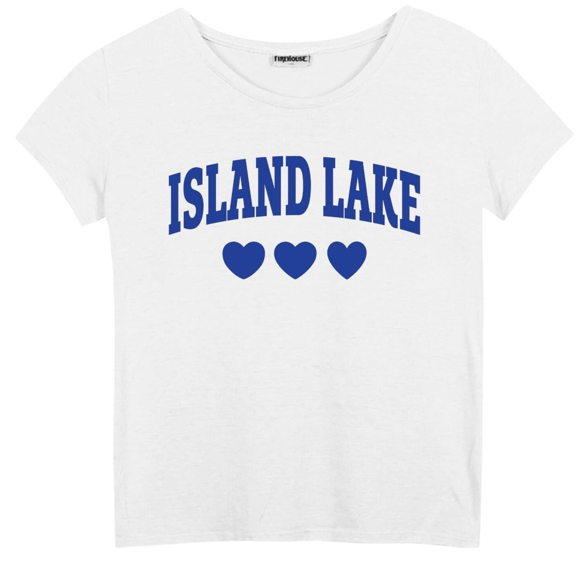 White short sleeve t-shirt with blue Island Lake text and three heart icons