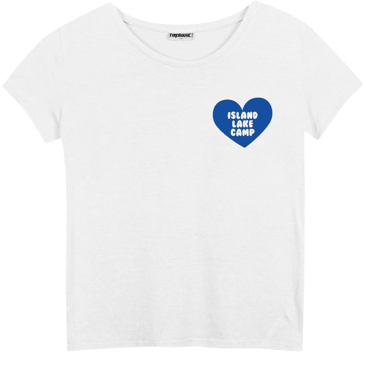 White short sleeve t-shirt with a blue heart graphic on the chest reading Island Lake Camp