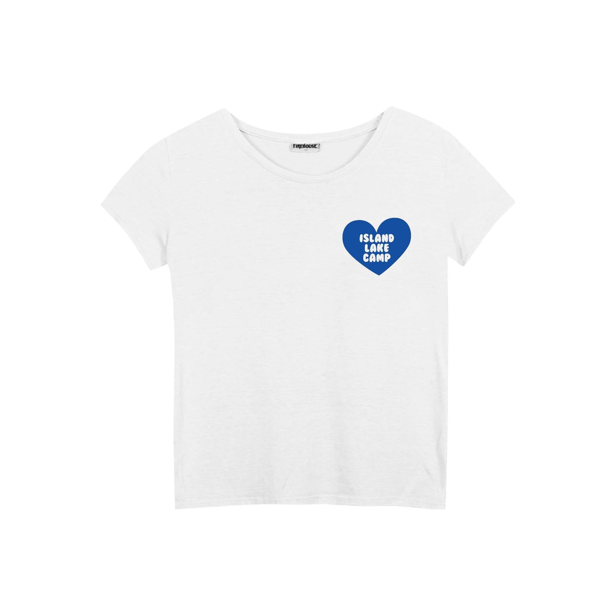 White short sleeve t-shirt with a blue heart graphic on the chest reading Island Lake Camp