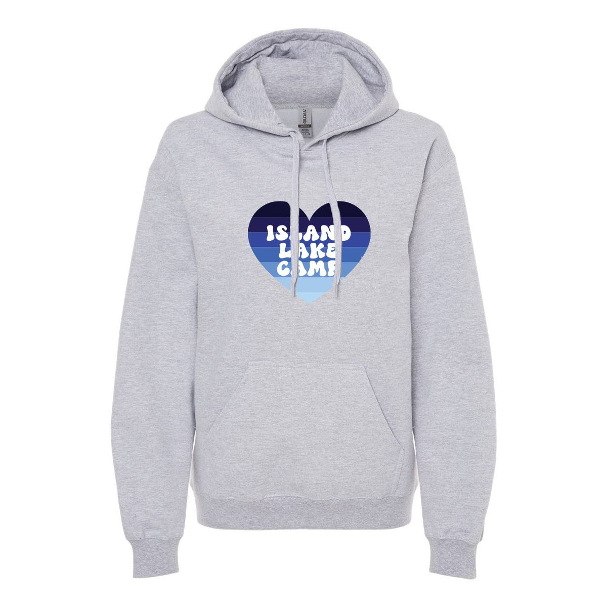 Grey hooded sweatshirt with blue heart graphic featuring Island Lake Camp text