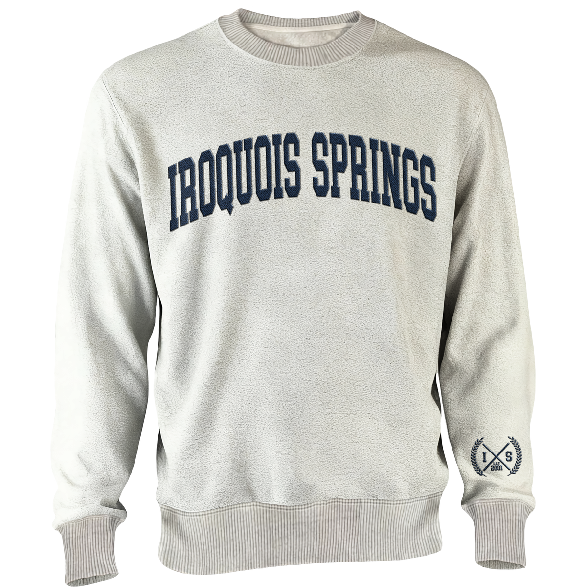 Light grey crewneck sweatshirt with Iroquois Springs text in dark blue across the chest