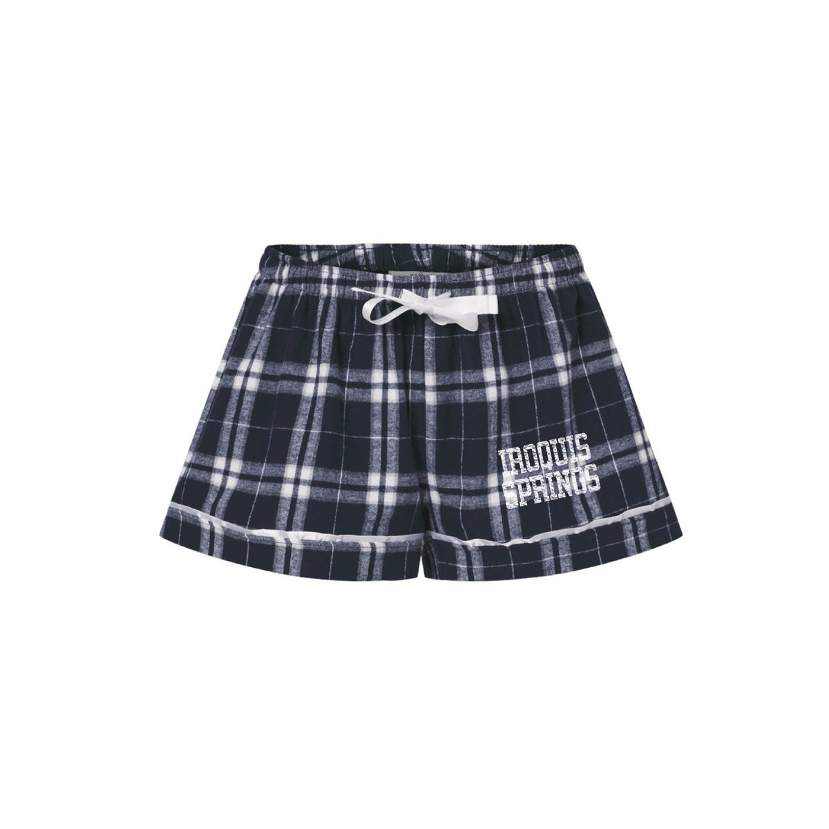 Navy and white plaid pajama shorts with white drawstring and Iroquois Springs logo