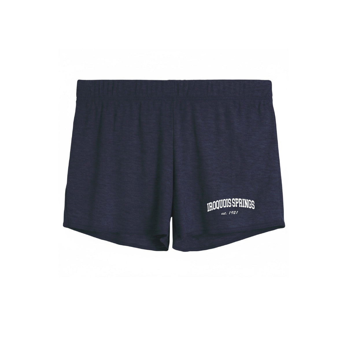 Navy blue athletic shorts with Iroquois Springs est 1921 logo on the leg