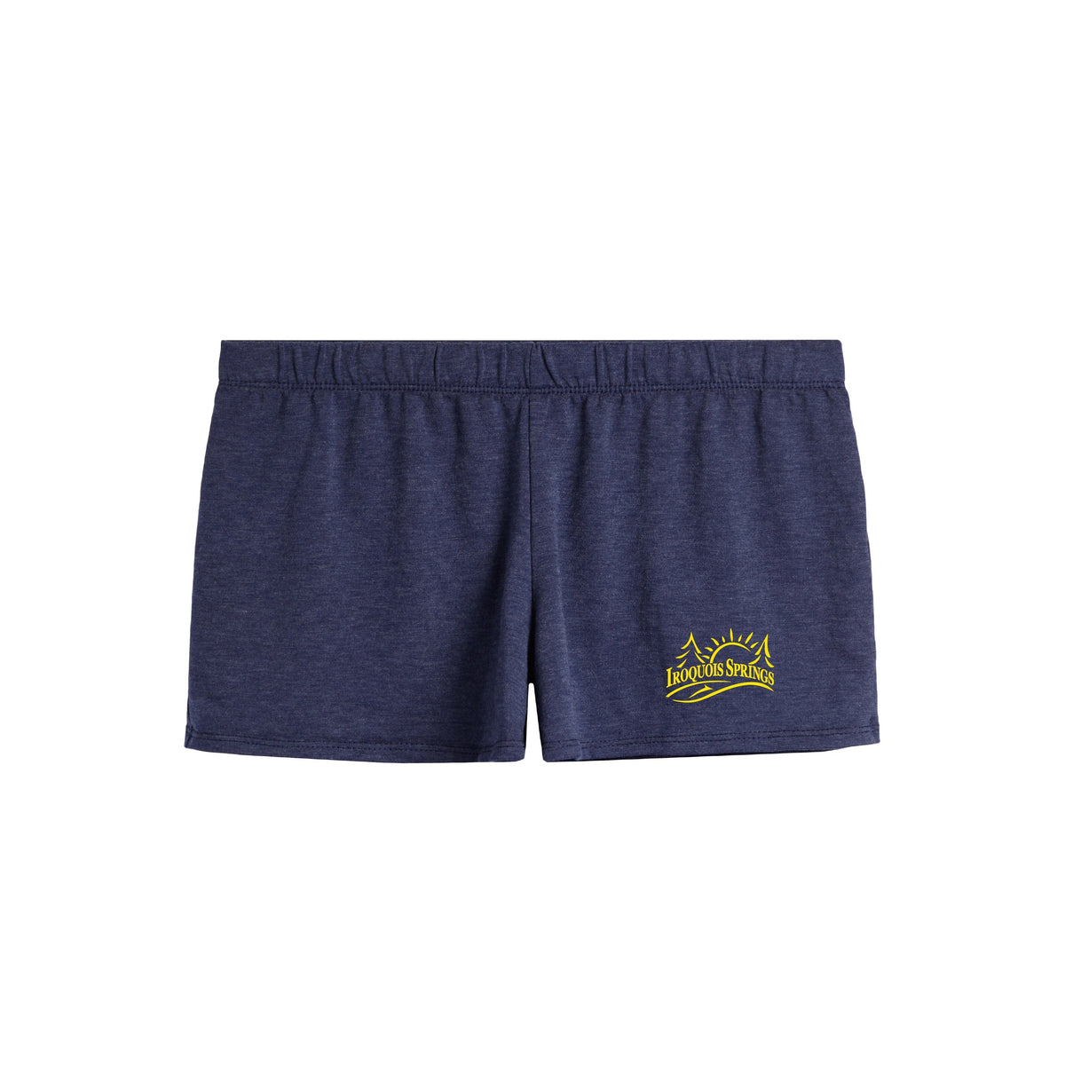Navy blue athletic shorts with yellow Iroquois Springs logo