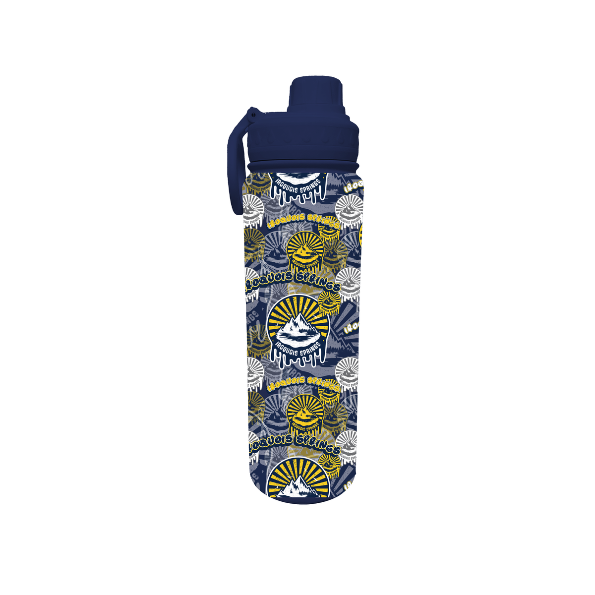 Blue water bottle with repeating Iroquois Springs mountain logo pattern