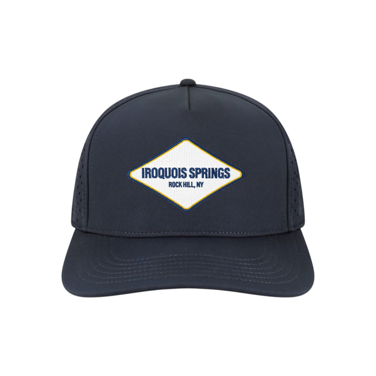 Navy blue baseball cap with Iroquois Springs Rock Hill NY diamond patch