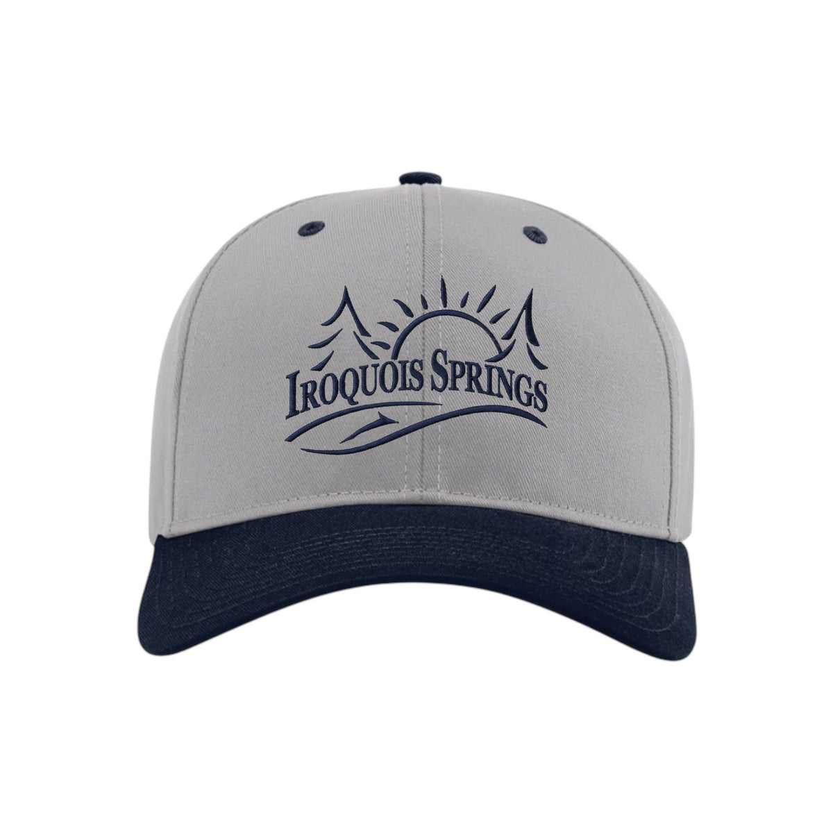 Grey baseball cap with navy blue brim and embroidered Iroquois Springs logo