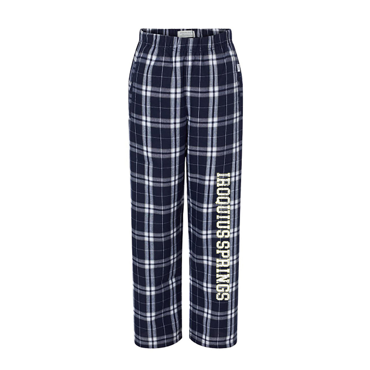 Navy and white plaid flannel pajama pants with Iroquois Springs text on the left leg