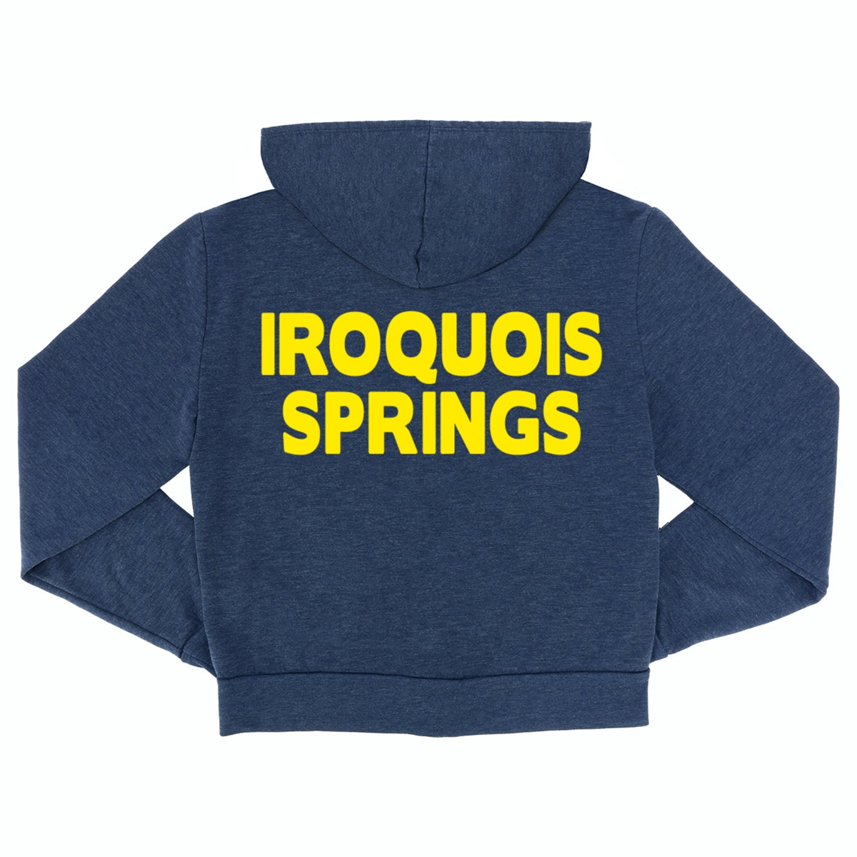 Back view of a navy blue hoodie with yellow Iroquois Springs text