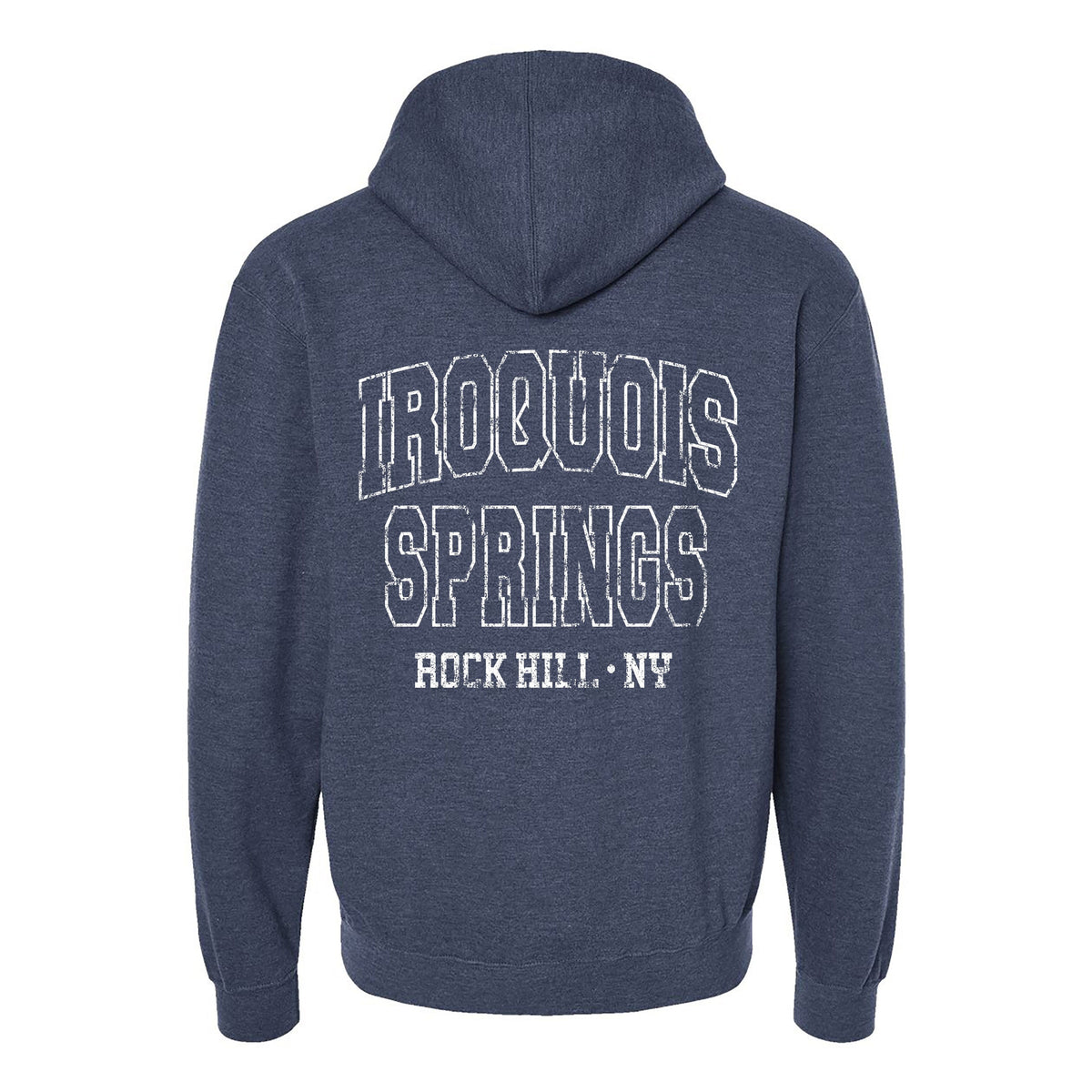 Navy blue hooded sweatshirt with Iroquois Springs Rock Hill NY text printed on the back