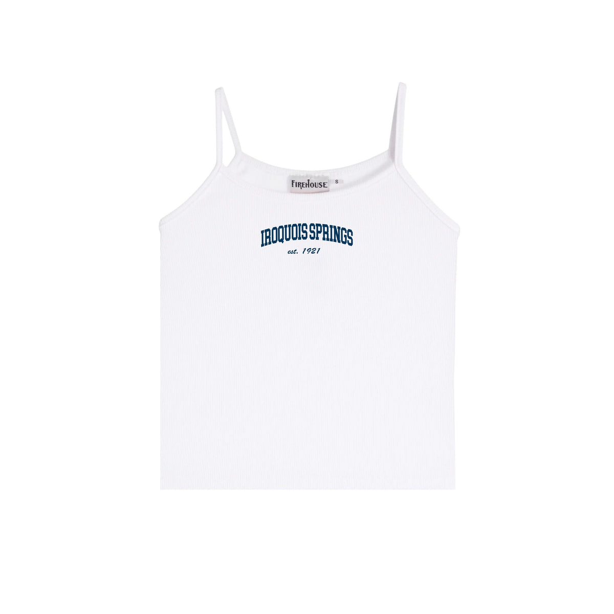 White ribbed camisole with Iroquois Springs est 1921 text in navy blue