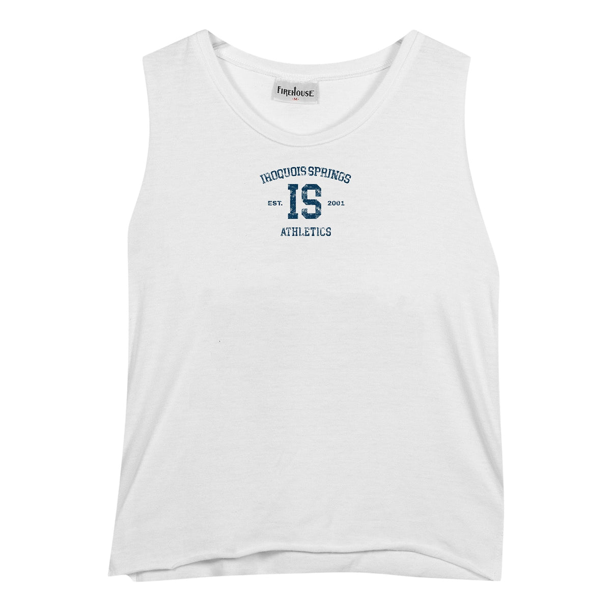 White sleeveless tank top with Iroquois Springs Athletics logo on chest