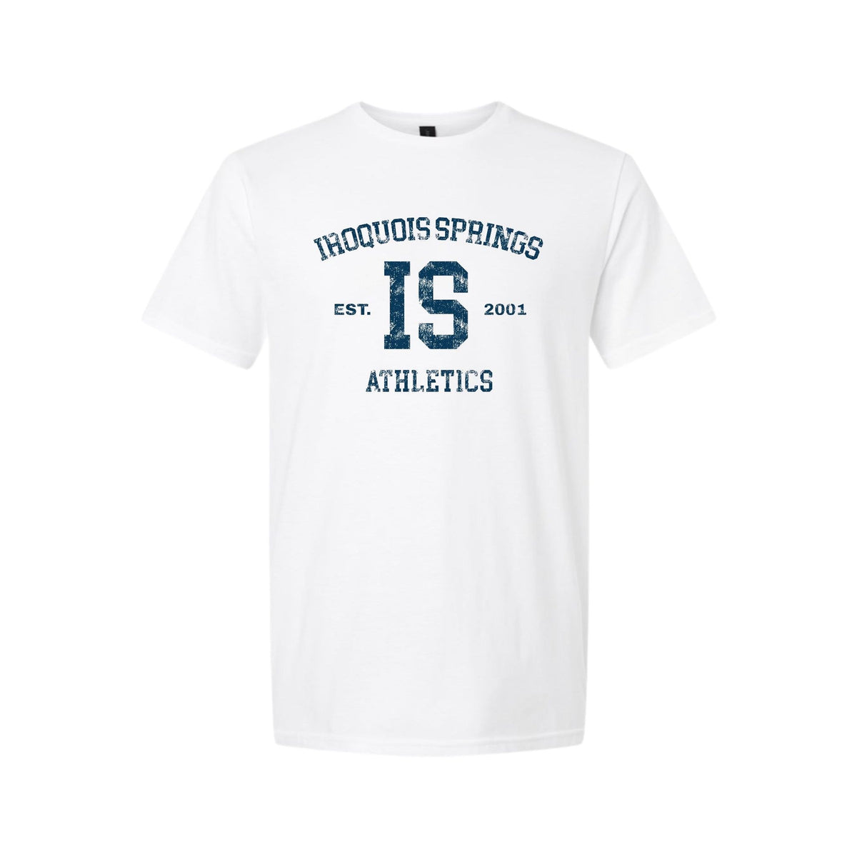 White short sleeve t-shirt with blue Iroquois Springs Athletics graphic