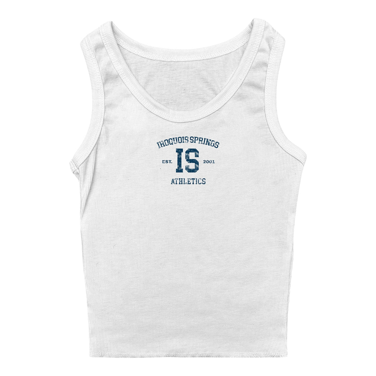 White ribbed tank top with Iroquois Springs Athletics logo in blue
