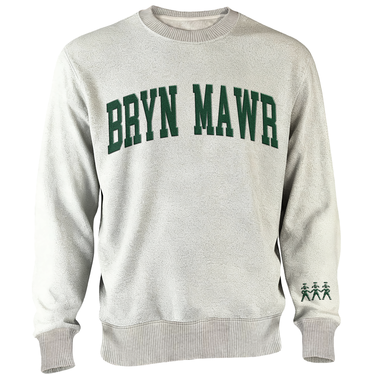 Light grey crewneck sweatshirt with Bryn Mawr text in green and small green figures on the left sleeve