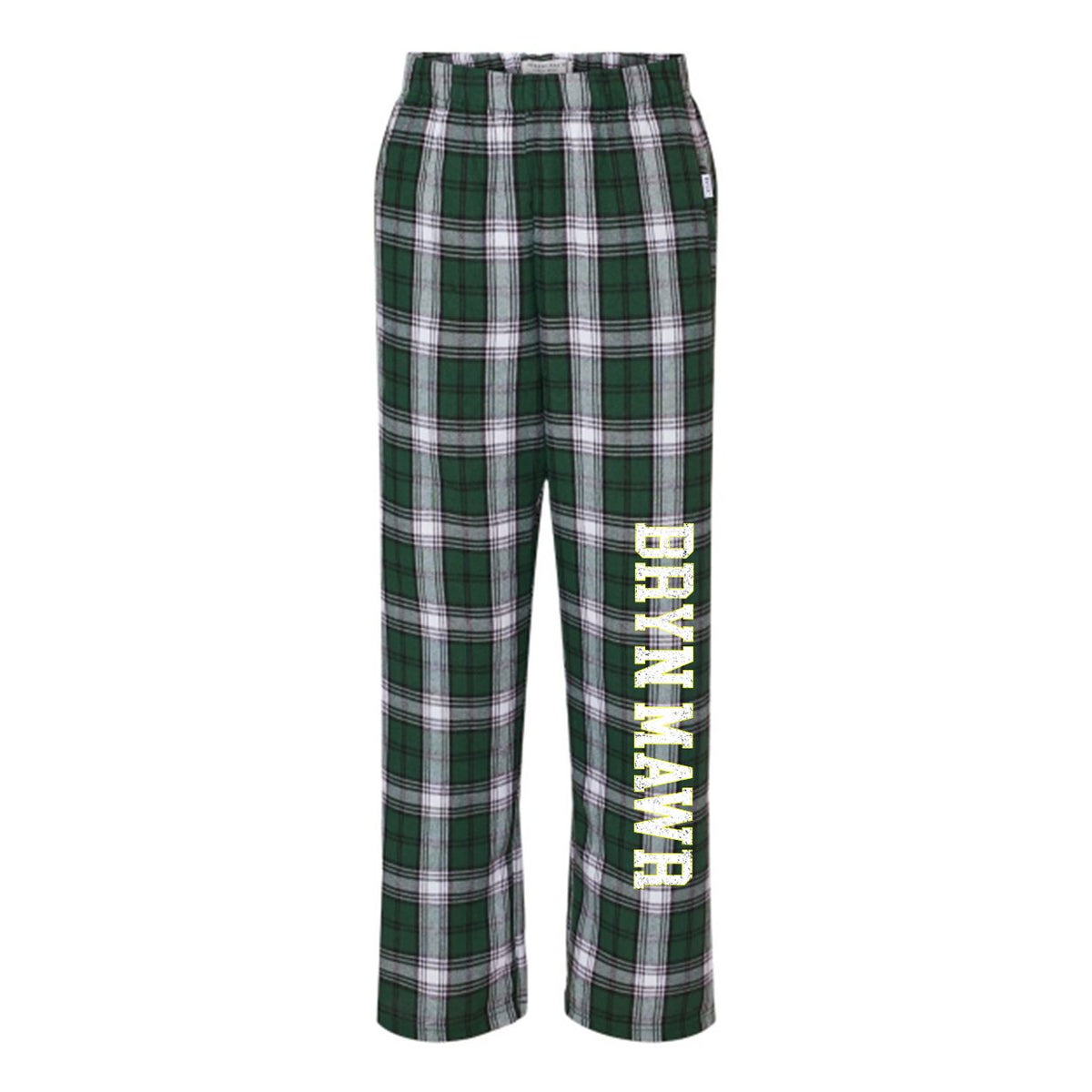 Green and white plaid flannel pajama pants with Bryn Mawr text printed on the left leg