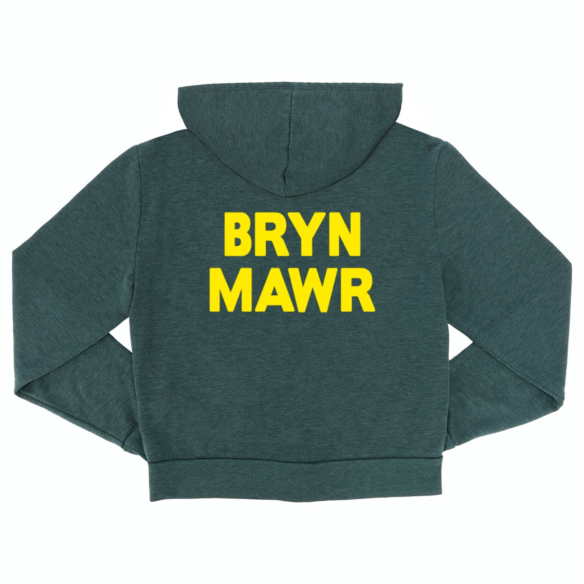 Dark green hooded sweatshirt with yellow Bryn Mawr text on the back