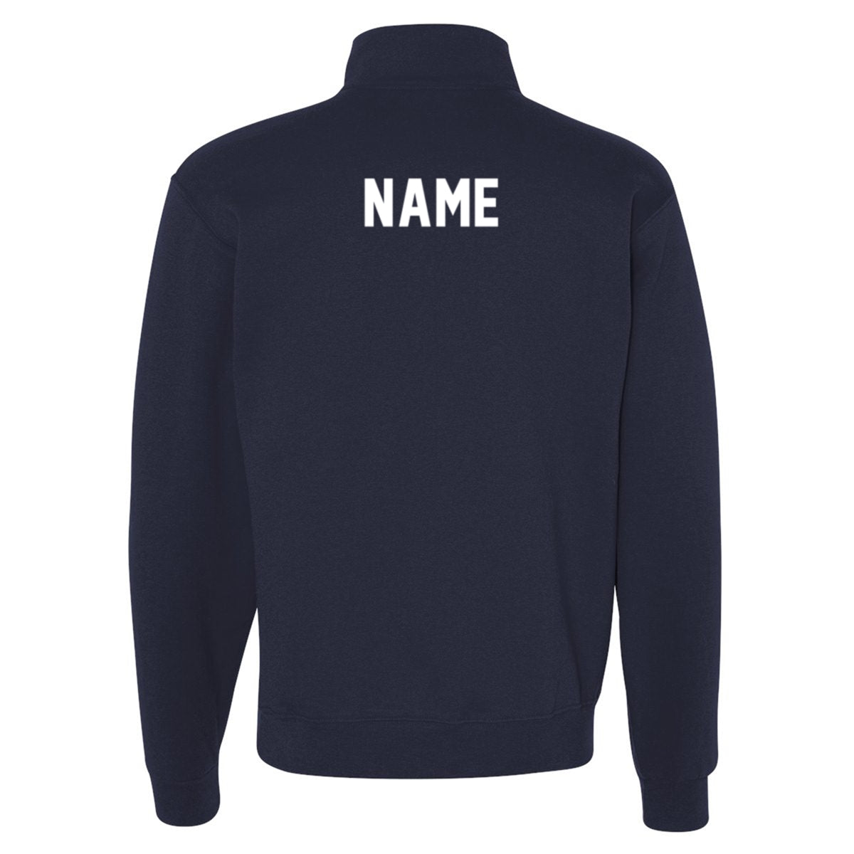Back view of a navy blue quarter zip sweatshirt with the word NAME printed in white on the upper back