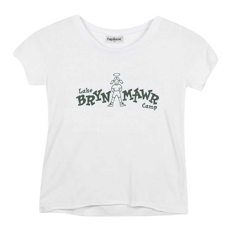 White short sleeve t-shirt with Lake Bryn Mawr Camp logo and cartoon girl graphic