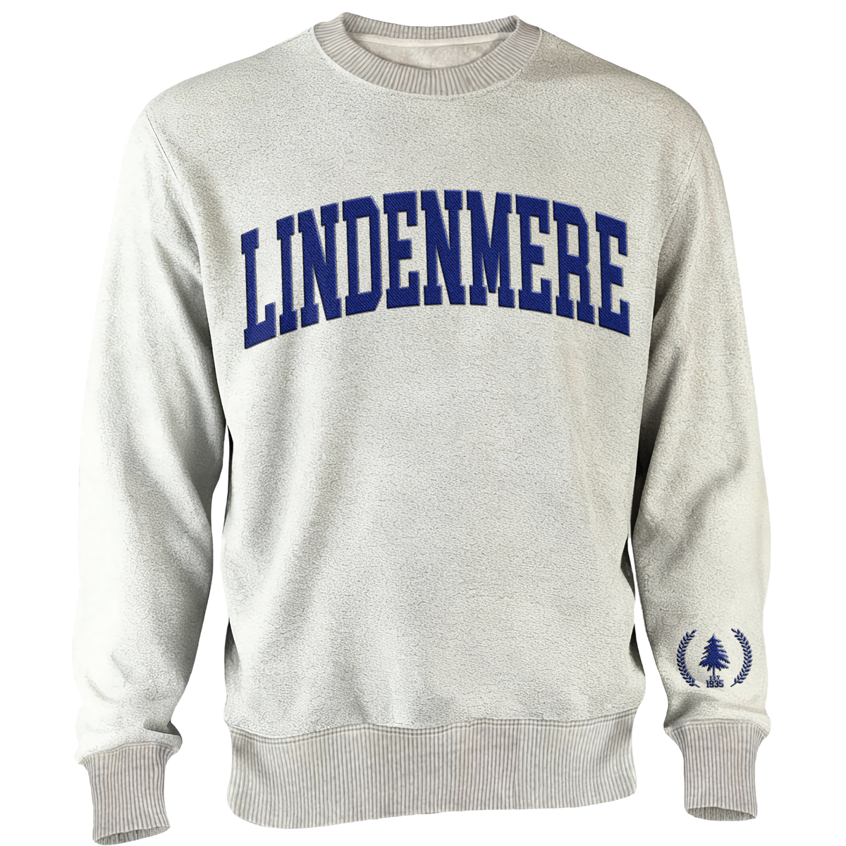 Grey crewneck sweatshirt with blue Lindenmere text and tree logo on sleeve