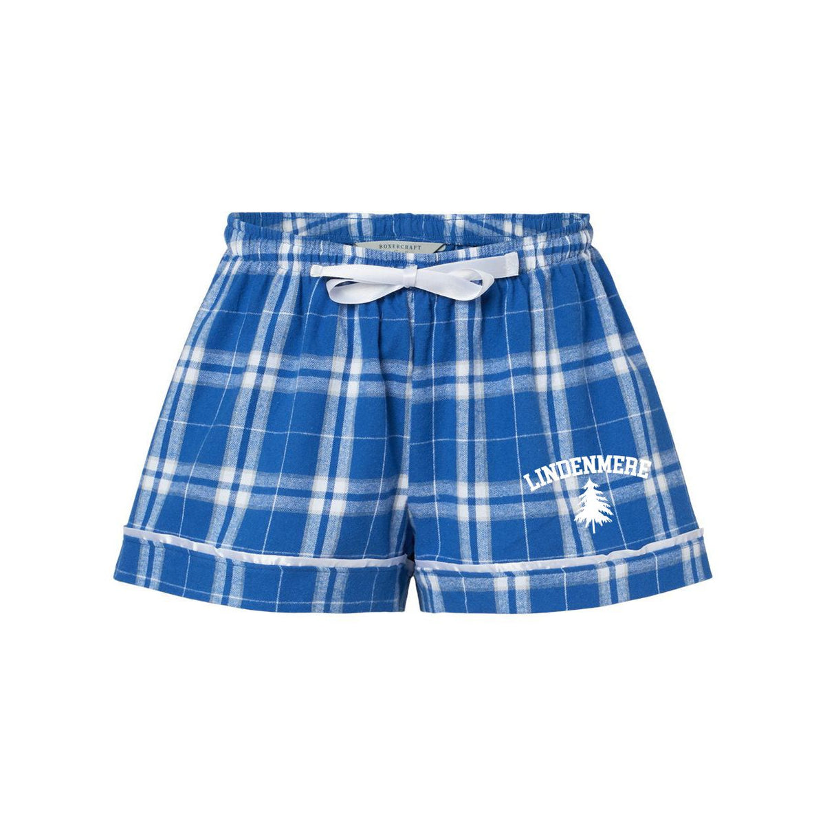 Blue and white plaid flannel pajama shorts with white drawstring and Lindenmere logo