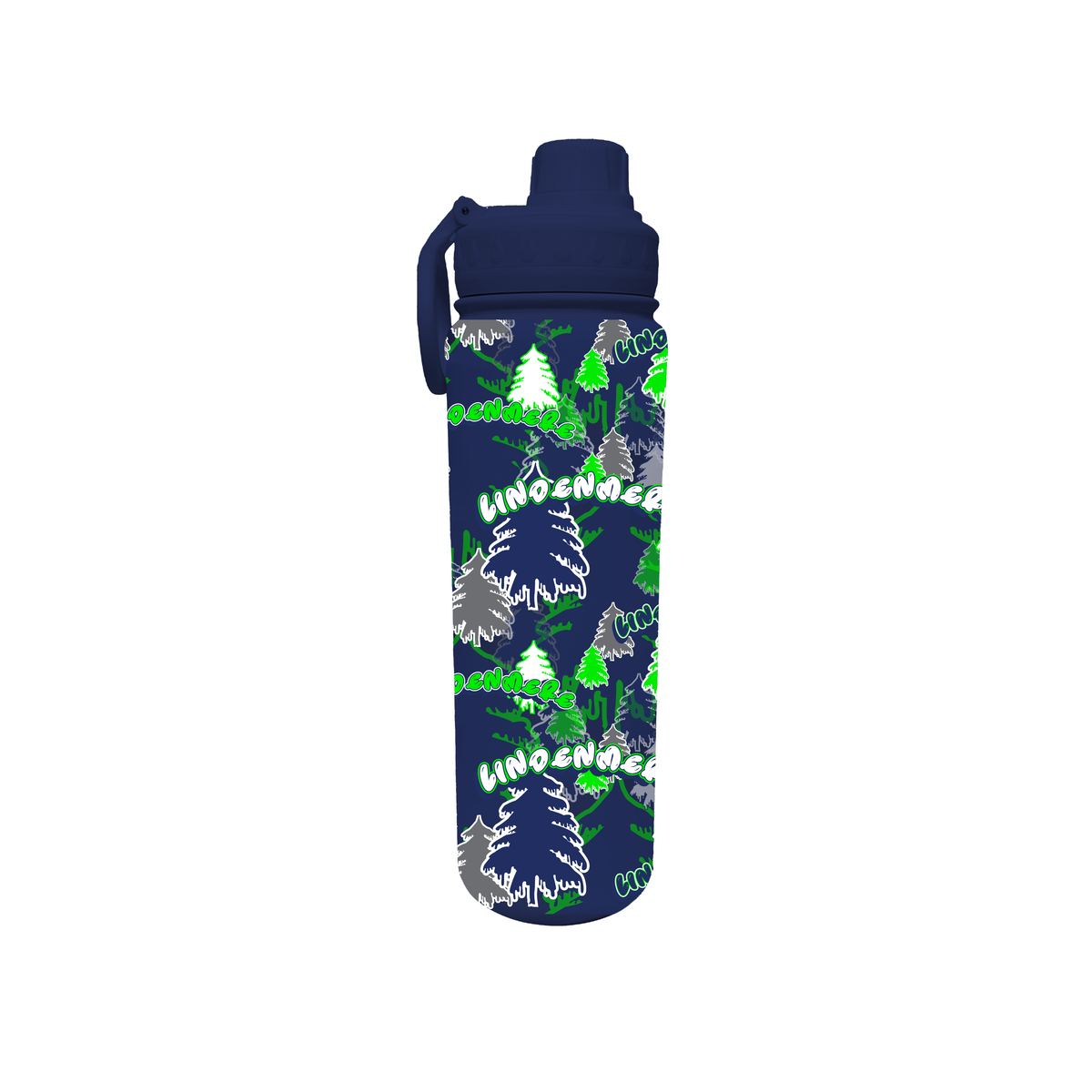 Navy blue water bottle with white and green tree and text pattern