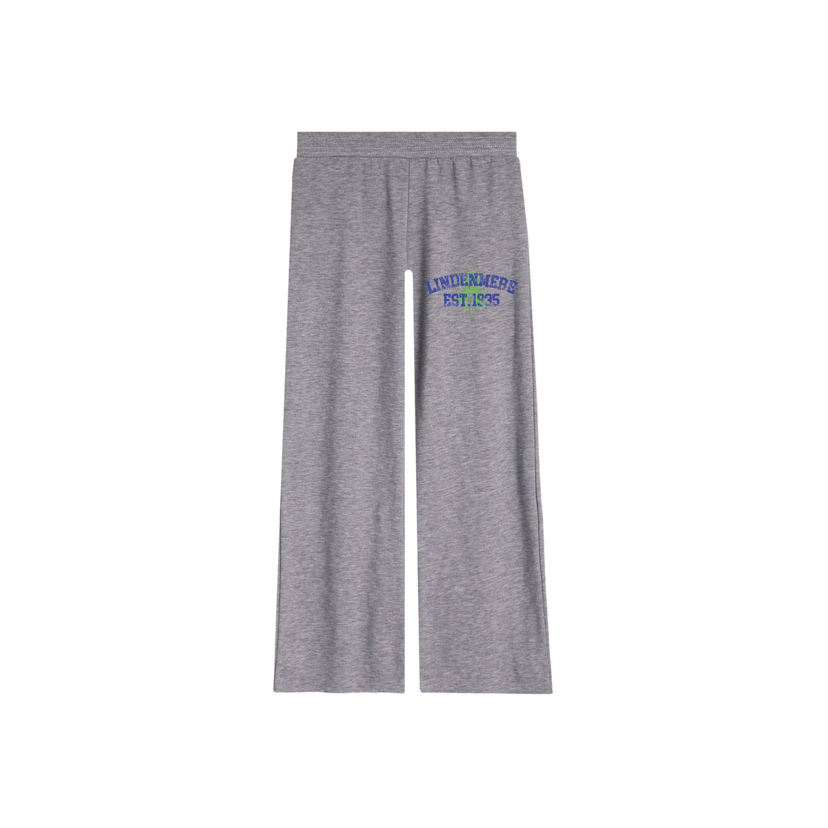 Grey wide leg sweatpants with Lindenmere Est 1935 graphic on the left hip