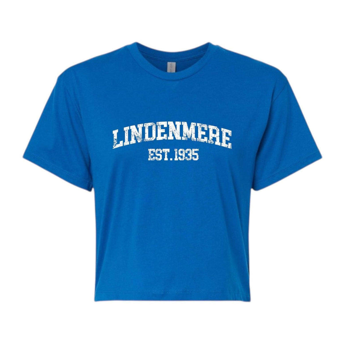 Blue short sleeve crop top with white Lindenmere Est 1935 graphic