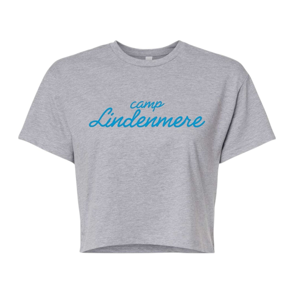 Grey cropped t-shirt with blue Camp Lindenmere logo