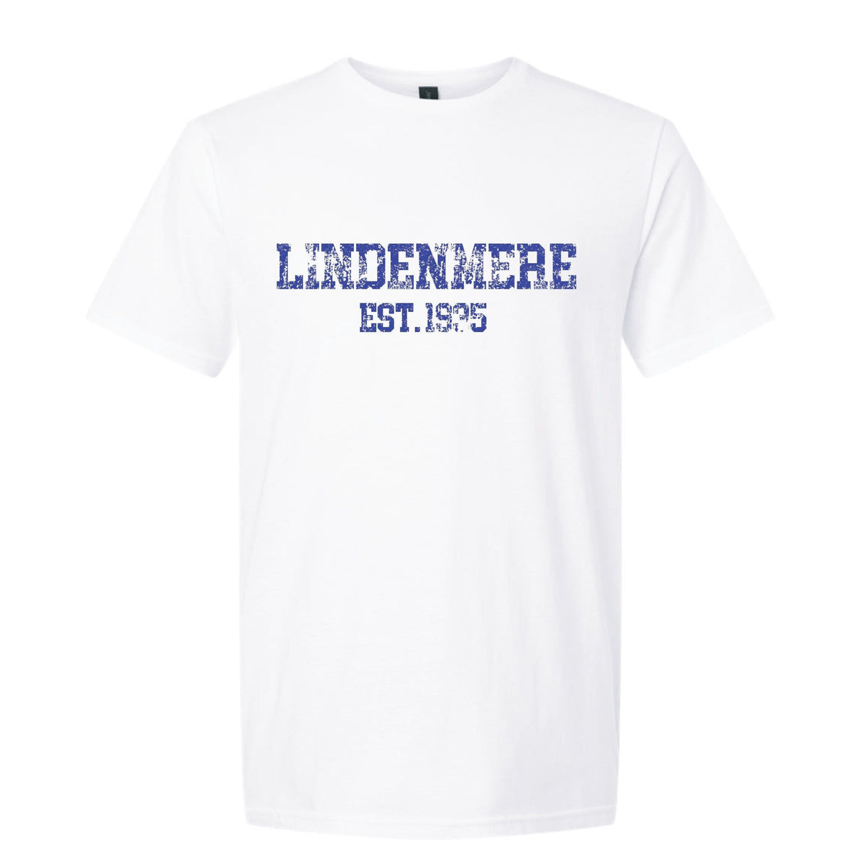 White short sleeve t-shirt with blue distressed Lindenmere Est 1995 text graphic