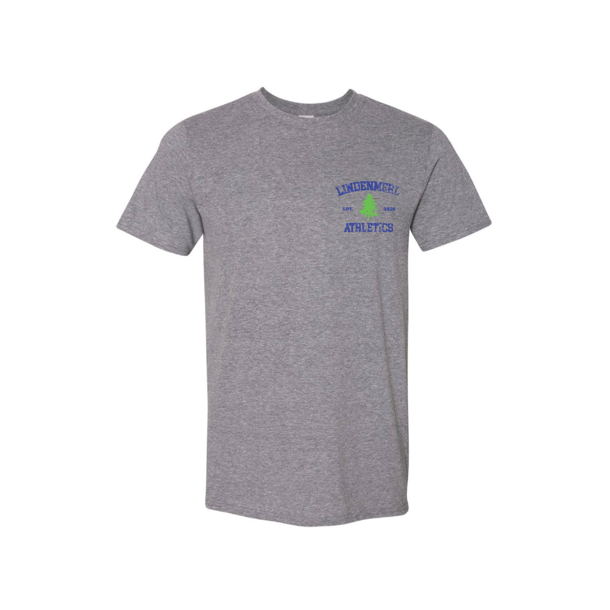 Grey short sleeve t-shirt with Lindenmeer Athletics logo and pine tree graphic on the chest