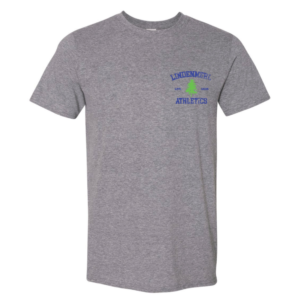Grey short sleeve t-shirt with Lindenmeer Athletics logo and pine tree graphic on the chest