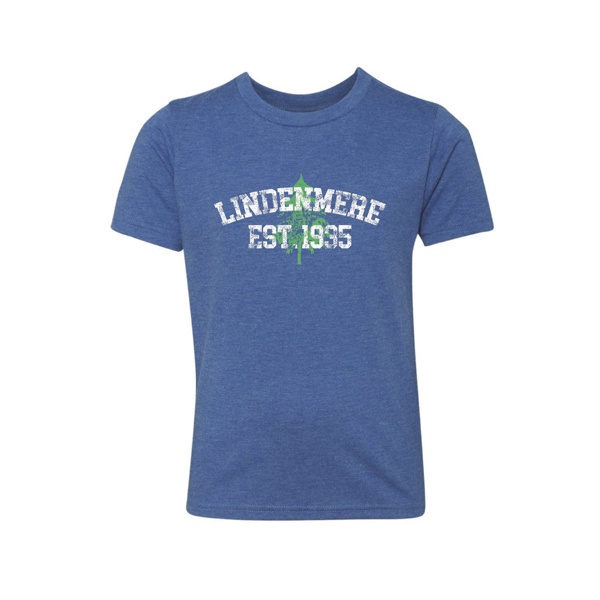 Blue short sleeve t-shirt with Lindenmere Est 1935 text and tree graphic
