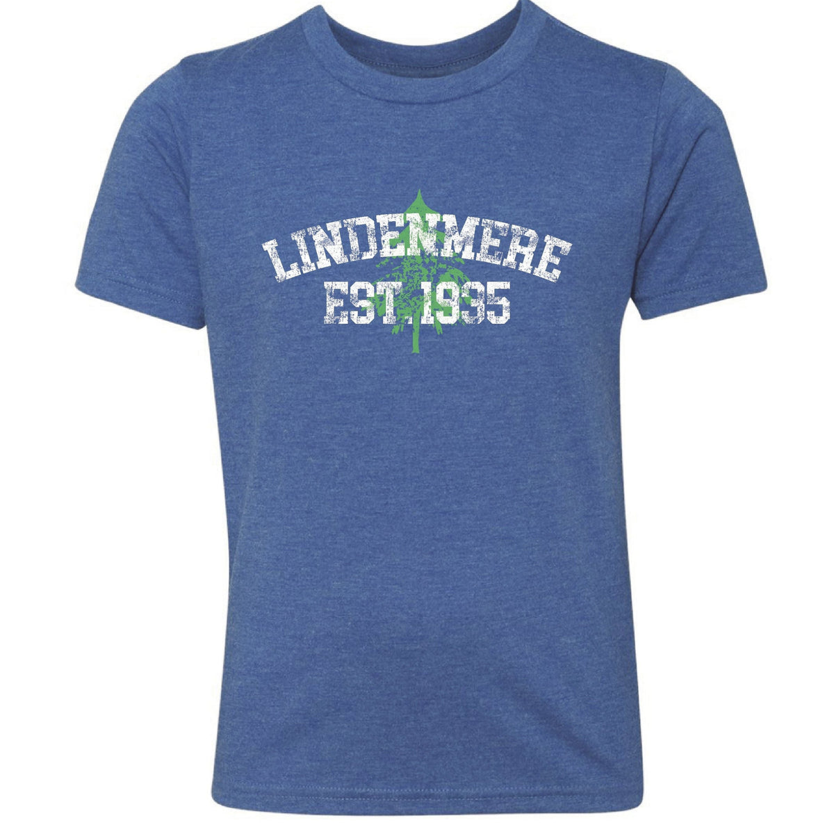 Blue short sleeve t-shirt with Lindenmere Est 1935 text and tree graphic