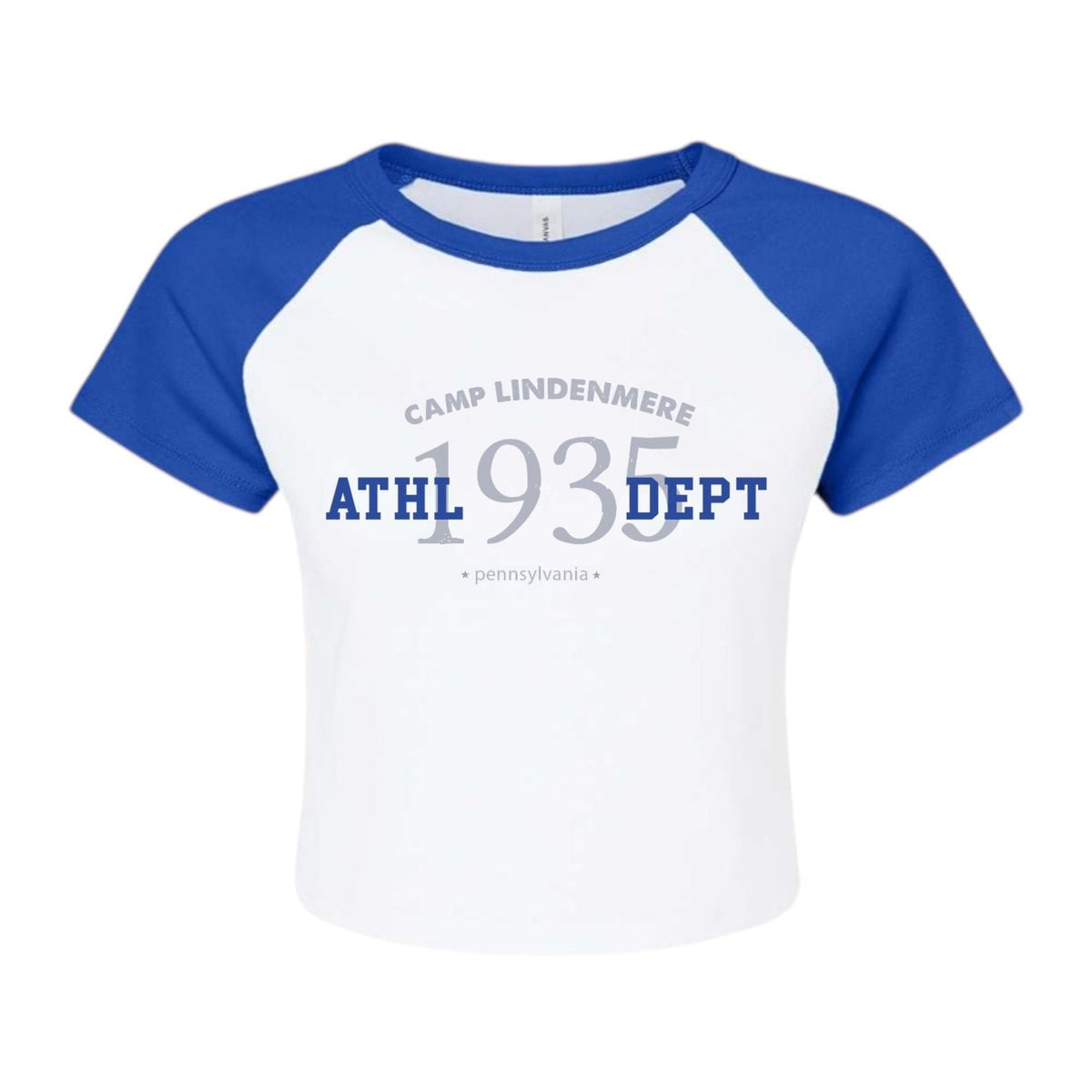 White and blue raglan crop top with Camp Lindenmere 1935 graphic