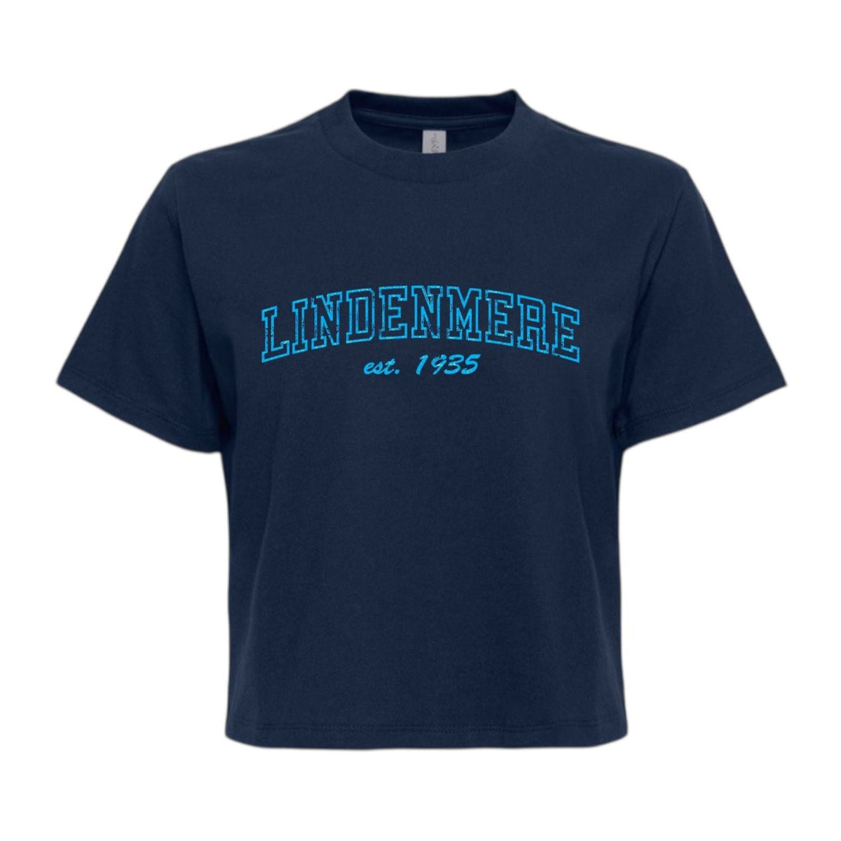 Navy blue short sleeve crop top with Lindenmere est 1935 text in blue varsity font