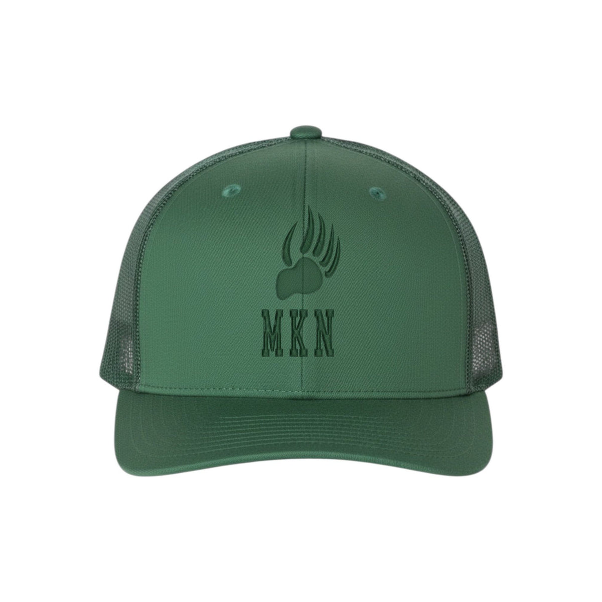 Green trucker hat with bear claw logo and MKN text