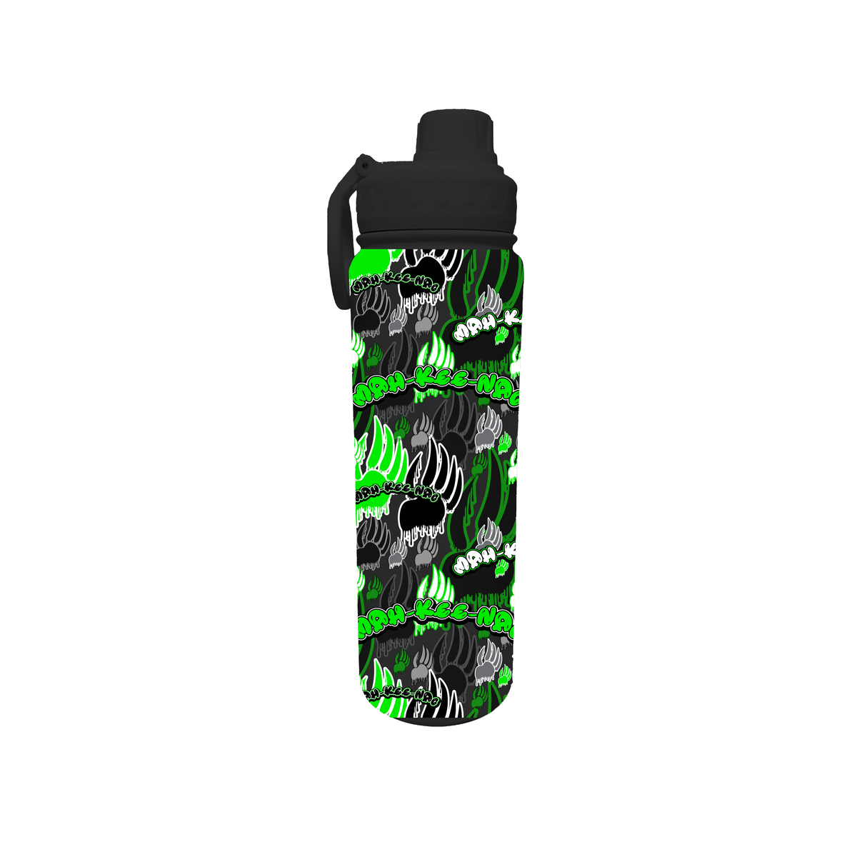 Black water bottle with green and white bear claw pattern and Mah Kee Na text