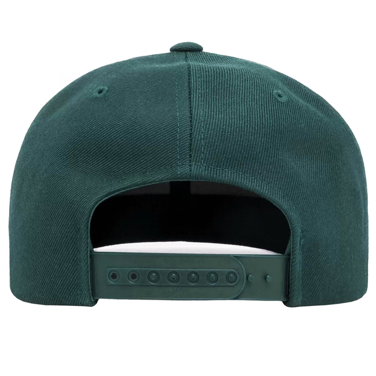 Back view of a dark green snapback baseball cap with adjustable plastic strap