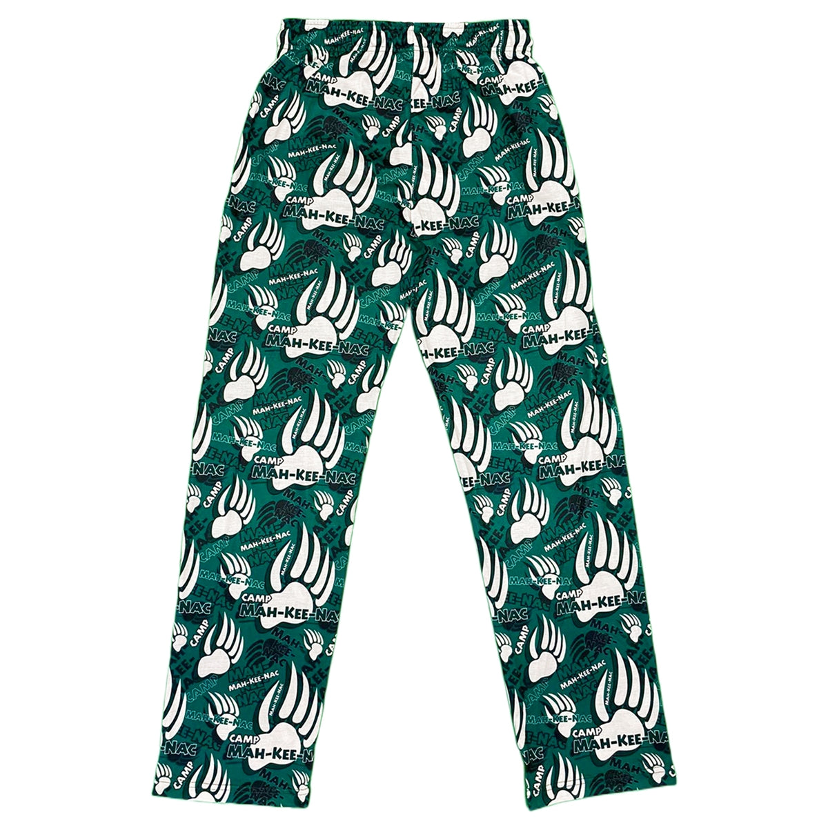 Green lounge pants with white bear paw prints and Camp Mah-Kee-Nac text pattern