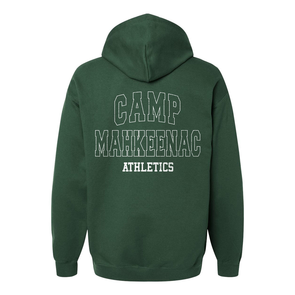 Back view of a dark green hooded sweatshirt with Camp Mahkeenac Athletics printed in white block lettering