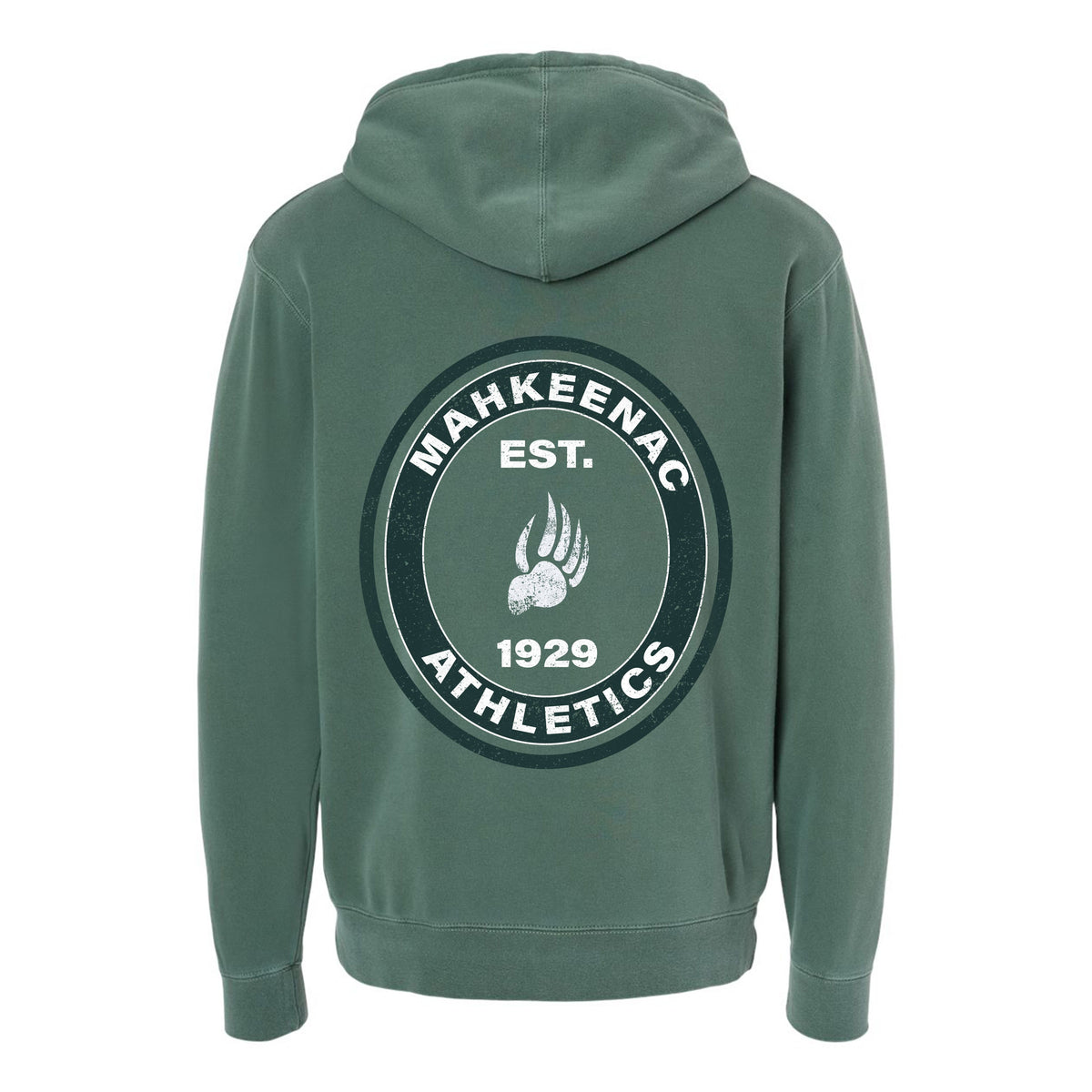 Back view of a green hoodie with a circular Mahkeenac Athletics 1929 logo featuring a bear paw print