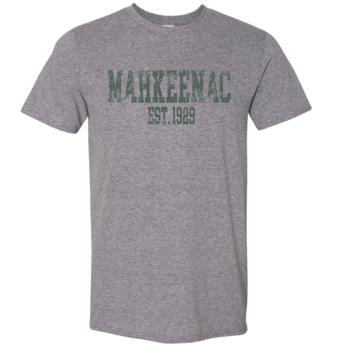 Grey short sleeve t-shirt with green Mahkeenac Est 1929 text graphic