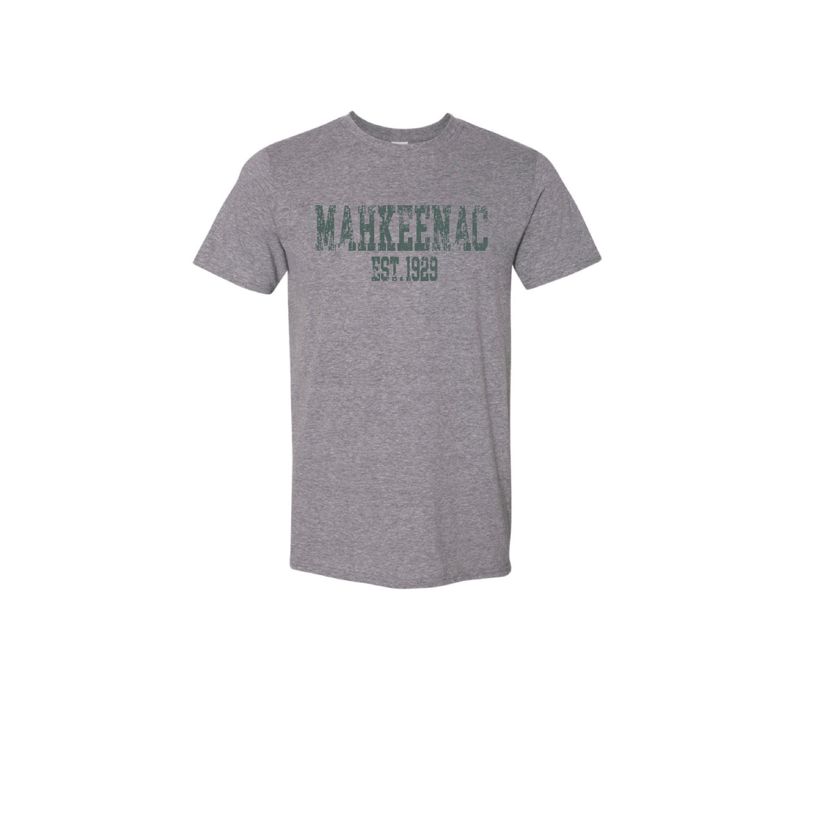 Grey short sleeve t-shirt with green Mahkeenac Est 1929 text graphic