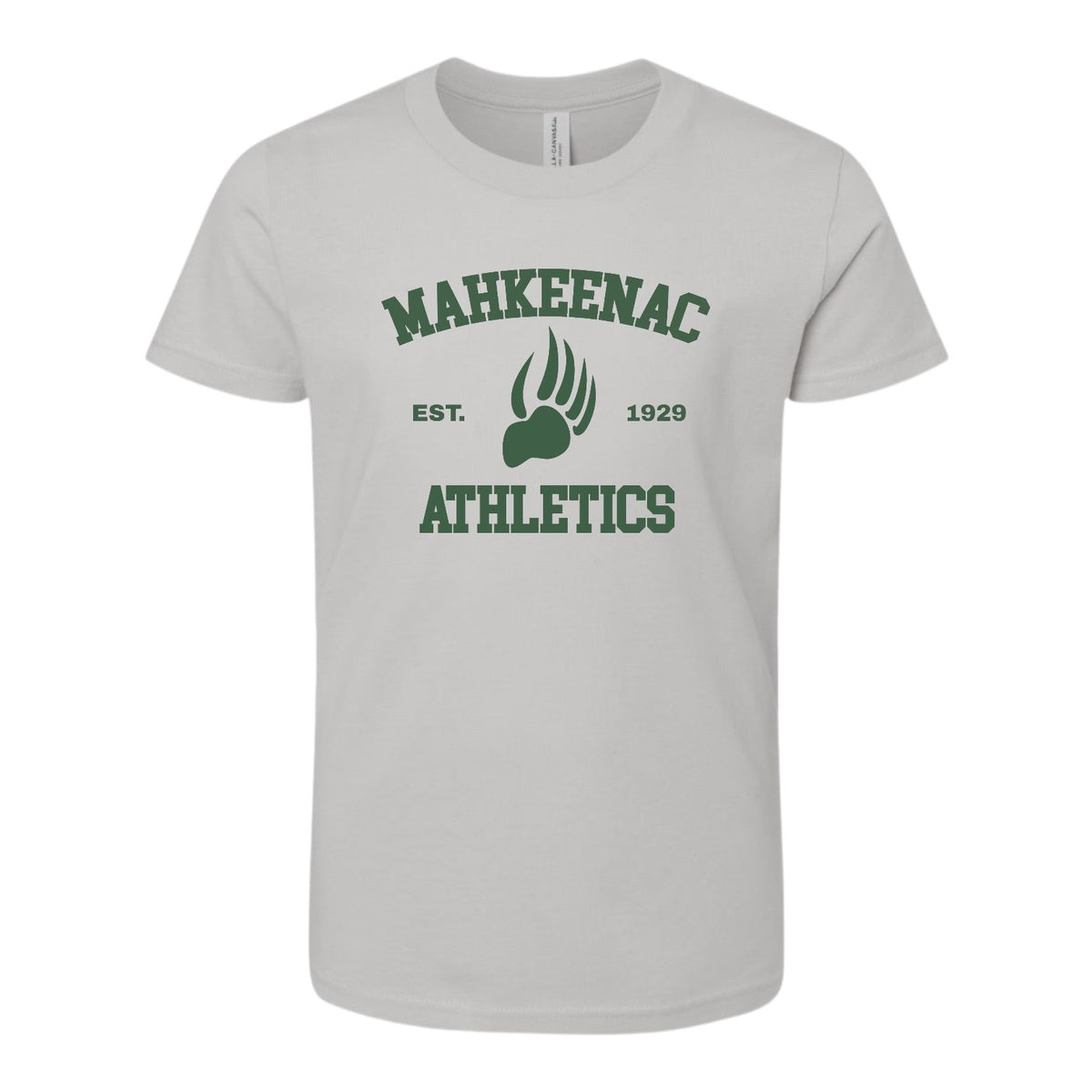 Light grey t-shirt with green Mahkeenac Athletics text and bear paw graphic