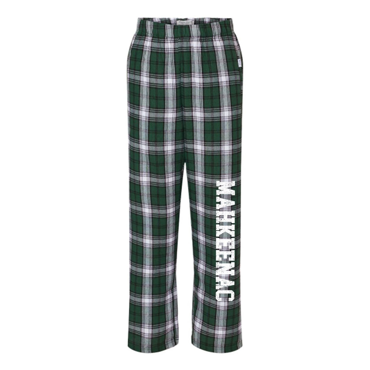 Green and white plaid pajama pants with Mahkeenac text on the left leg