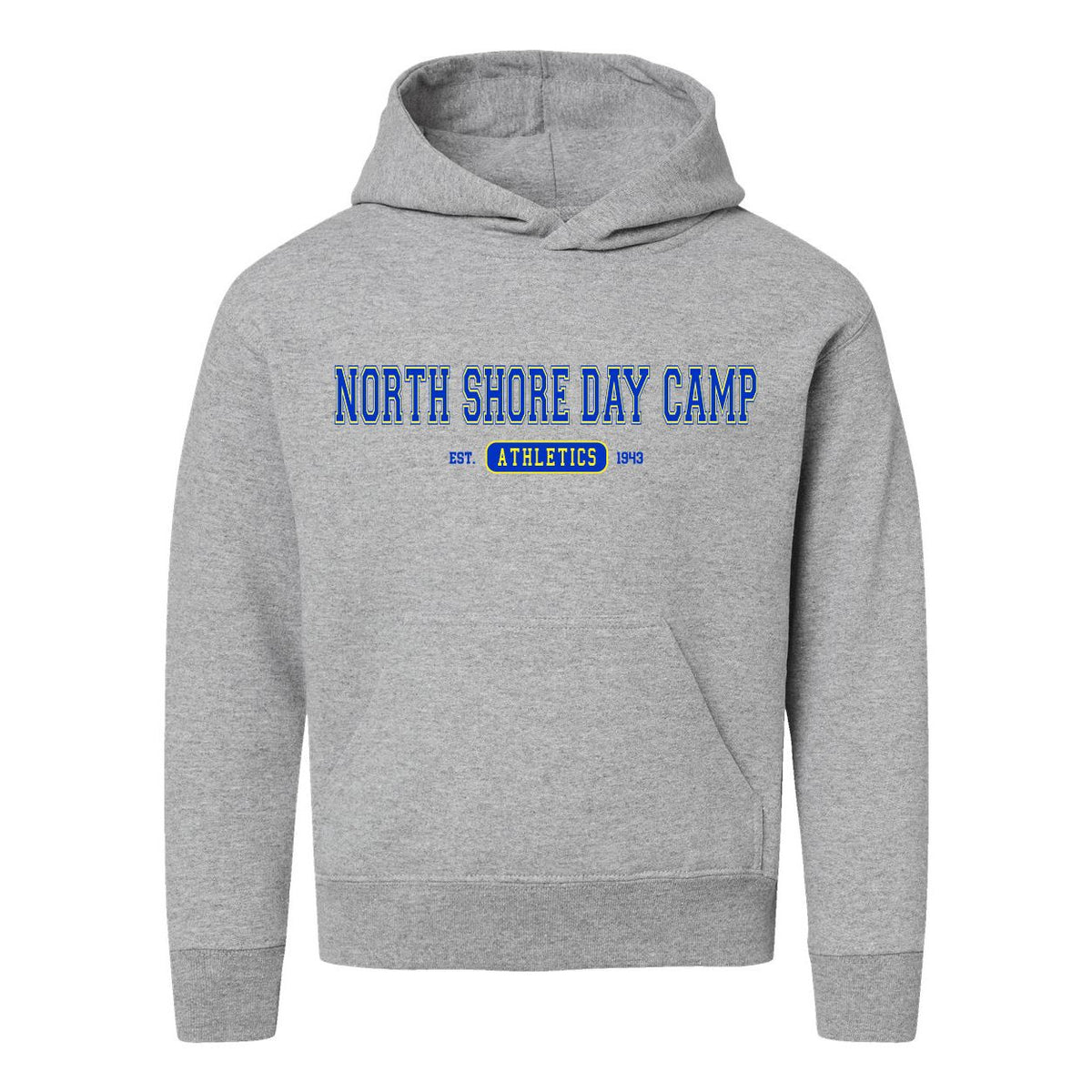 Grey hooded sweatshirt with North Shore Day Camp Athletics text graphic