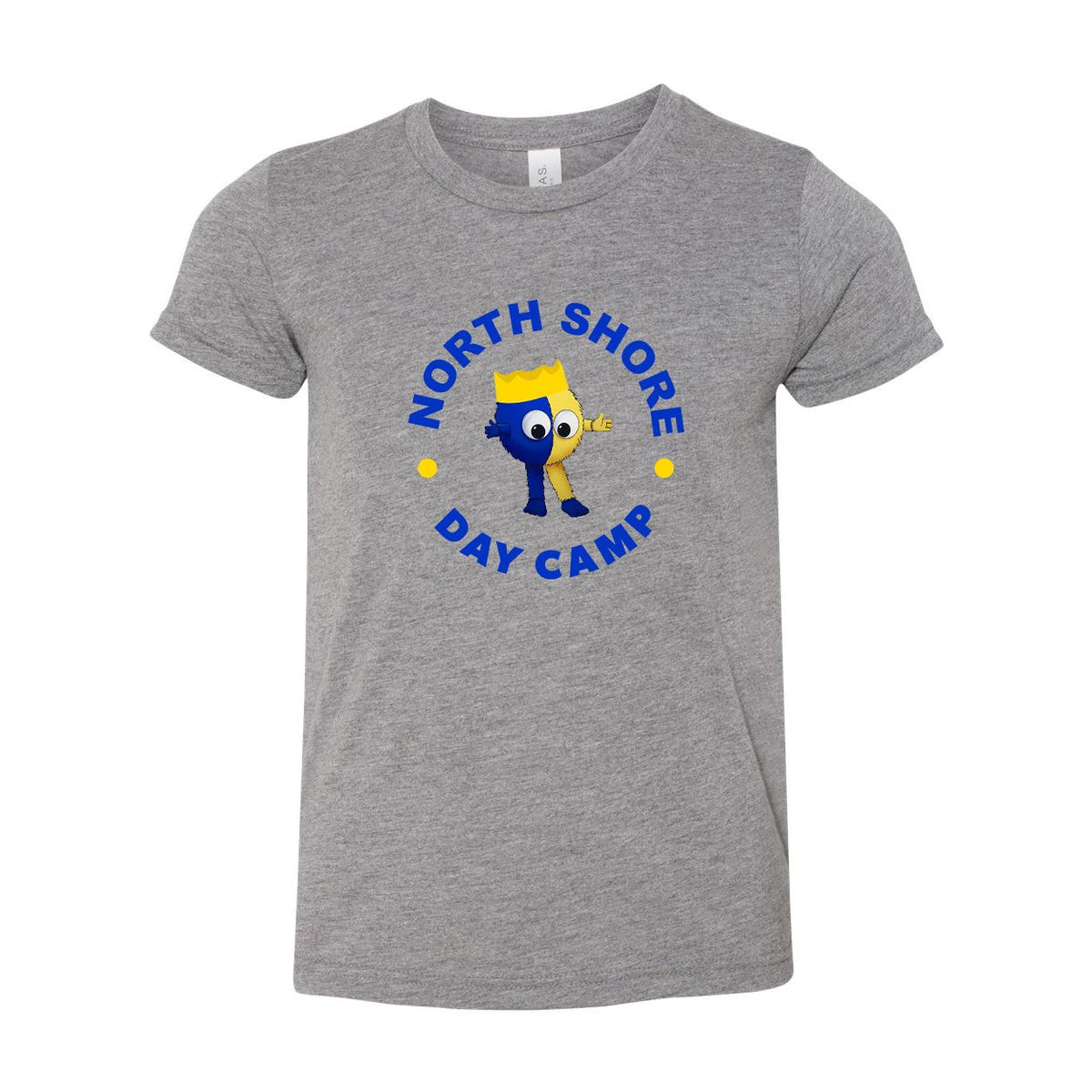Grey t-shirt with North Shore Day Camp logo featuring a blue and yellow mascot wearing a crown